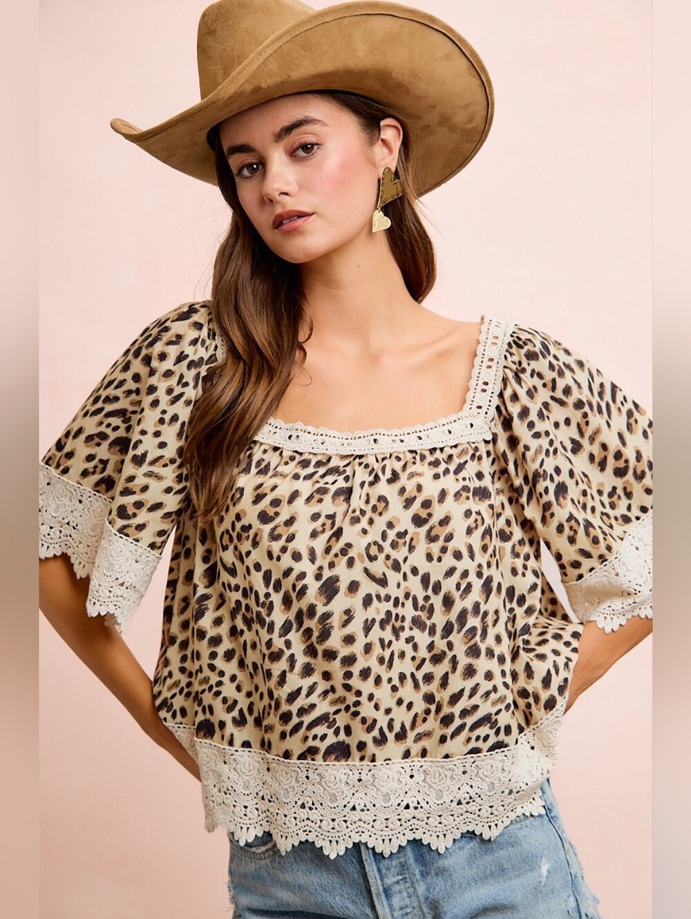 BiBi Leopard Lace Mix And Match Square Neckline Top- 100% Cotton- Fast Shipping! - Picture 6 of 10